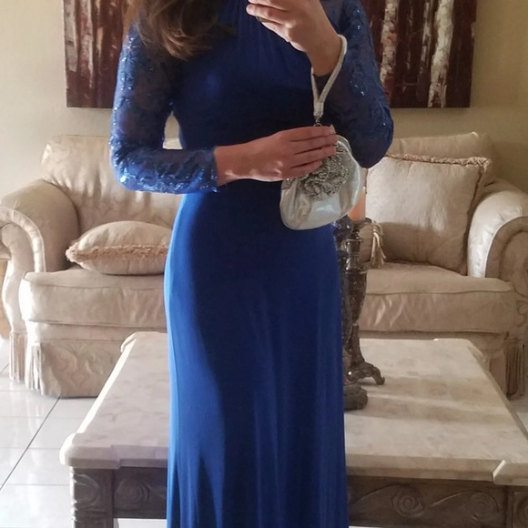 Marina Sequined Long Sleeves Cobalt Blue Evening Gown Sz 6 - Picture 10 of 11